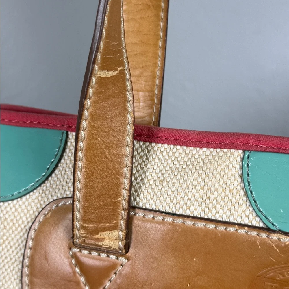 Fossil Y2K Canvas & Leather Teal Polka Dot Tote Bag